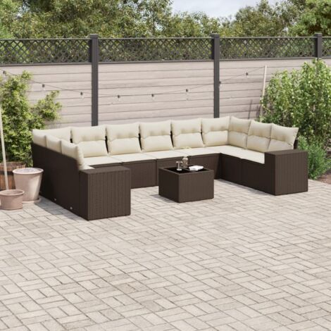 Canapé de Jardin Modular 11 Pièces en Résine Tressée Marron avec Table Verre et Coussins Blanc Crème (1/5)