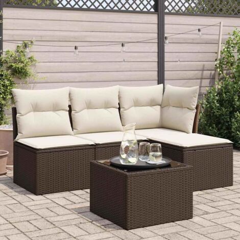 Ensemble de salon de jardin 5 places en résine tressée marron avec coussins lavables et table en verre (1/3)