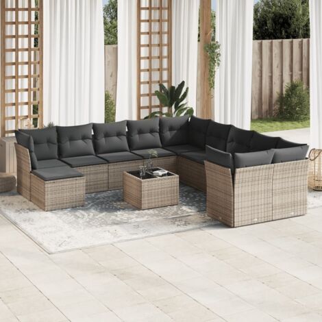Ensemble de salon de jardin modulaire 12 places gris résine tressée poly rotin avec coussins lavables et table en verre trempé (1/3)