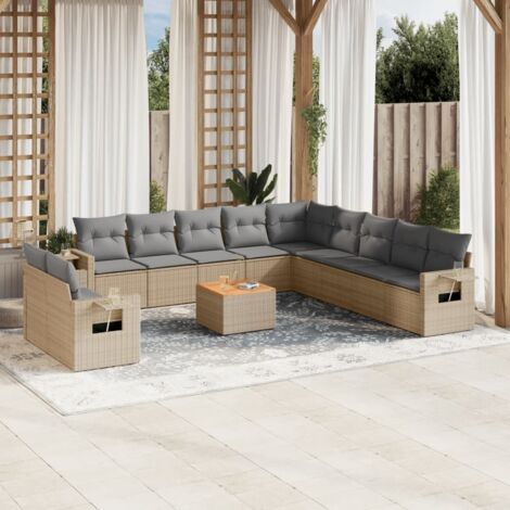 Ensemble de Jardin Modulable en Résine Tressée Beige avec 12 Coussins - 1 Coin, 6 Centraux, 4 Accoudoirs, Table Acacia - L 55/62 x P 55/62 x H 37/69 cm - Charge 110 kg/Place (1/5)
