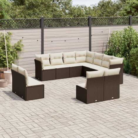 Ensemble Salon de Jardin 11 Pièces en Résine Tressée Marron - Canapé Modulaire avec Coussins Blanc Crème et Housses Lavables (1/5)