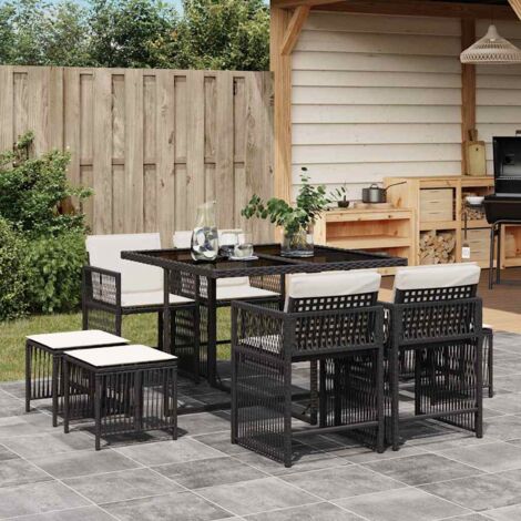 Ensemble de Table de Jardin 9 Pièces avec Coussins Crème, Noir Résine Tressée et Plateau en Verre, 4 Chaises Pliantes et 4 Tabourets (1/5)