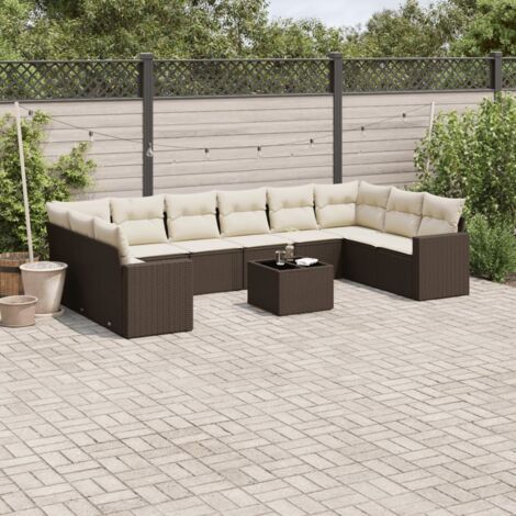 Salon de Jardin 11 Pièces Marron Résine Tressée - Table Verre Trempé + Coussins Crème avec Housses Lavables - Modulaire pour Terrasse et Jardin (1/5)