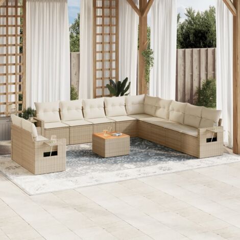 Ensemble Salon de Jardin Modulaire 12 Places en Résine Tressée Beige avec Coussins Crème, Tables d'Appoint et Rangement Intégré (1/3)