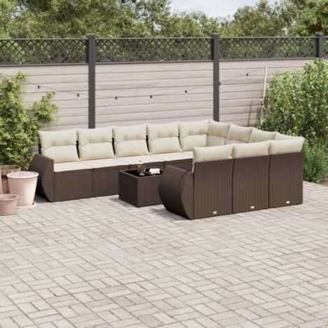 Ensemble de jardin 11 pièces marron résine tressée avec table verre trempé et coussins lavables (1/5)
