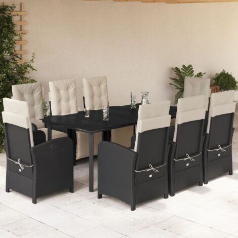 Ensemble de Jardin 9 pièces Noir - Table en Verre avec 8 Fauteuils en Résine Tressée Inclinables et Coussins Blanc Crème (1/5)