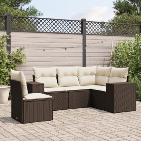 Ensemble de Salon de Jardin 5 Pièces avec Coussins en Résine Tressée Marron - Canapé d'Angle, Siège Central et Accoudoirs (1/3)