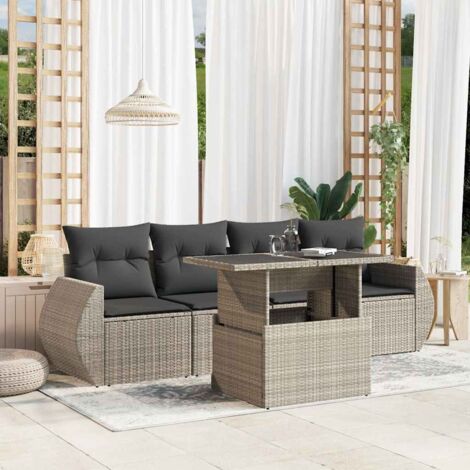 Canapé de Jardin 5 Pièces Gris Clair Résine Tressée Table Réglable avec Coussins Anthracite 110kg/Assise (1/5)