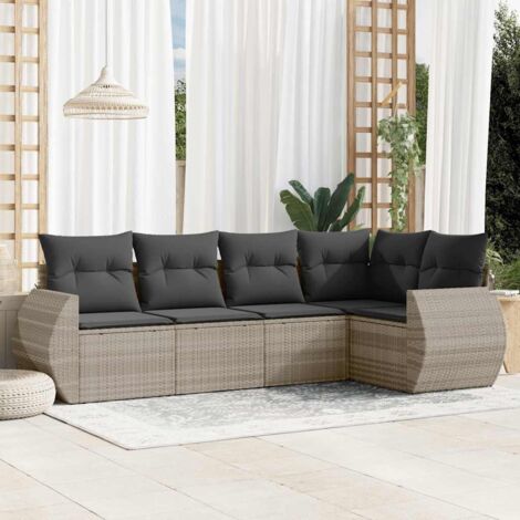 Ensemble salon de jardin modulaire 5 pièces en résine tressée gris clair avec coussins anthracite amovibles. (1/5)