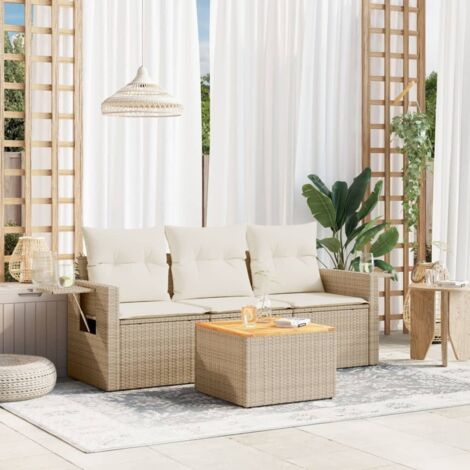 Ensemble de Jardin 4 Places avec Coussins, Résine Tressée Beige, Table Acacia et Rangement (1/3)
