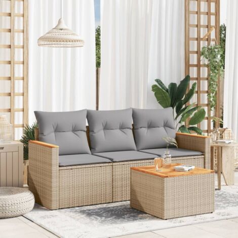 Salon de jardin 4 places en résine tressée beige avec coussins et table en acacia, modulable et rangement intégré (1/3)