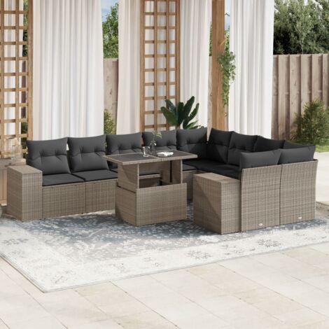 Ensemble Salon de Jardin 10 Places Gris Clair en Résine Tressée Modulable avec Table Réglable et Coussins Anthracite (1/5)