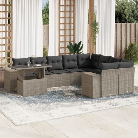 Ensemble de Salon de Jardin "Zénith" 10 pièces en Résine Tressée Gris Clair avec Coussins Anthracite et Table Réglable (1/5)