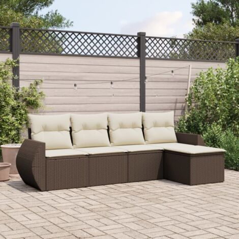 Ensemble salon de jardin 5 pièces marron  Fauteuils + repose-pieds  Résine tressée, coussins épais, acier enduit (1/5)