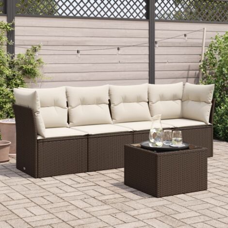 Ensemble de Jardin en Résine Tressée Brun avec Coussins Crème 5 Pièces (2 Fauteuils d'Angle, 2 Banquettes, 1 Table) (1/3)