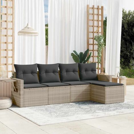Salon de Jardin 5 Pièces Modulable en Résine Tressée Gris Clair avec Coussins (1/5)