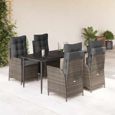 Ensemble à Manger Jardin 5 Pièces Gris Tressé Résine Inclinable Table Verre Trempé 160x80cm (1/5)