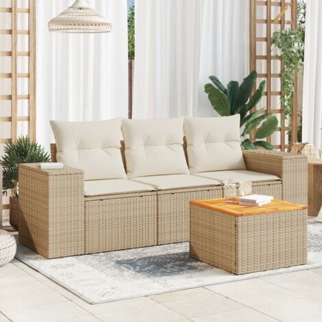 Ensemble salon de jardin 4 places en résine tressée beige avec coussins crème et table en acacia (1/3)