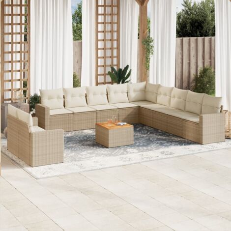 Salon de Jardin en Résine Tressée Beige avec 12 Coussins - Ensemble Modulaire avec Table en Acacia et Fonction de Rangement (1/5)