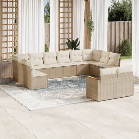 Canapé d'extérieur modulaire 12 places en résine tressée beige avec coussins blanc crème, sièges de coin à accoudoirs et rangement (1/3)
