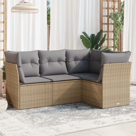 Ensemble 4 Places Salon Jardin Modulaire Beige Résine Tressée - Sièges d'Angle avec Coussins Gris Lavables (1/3)
