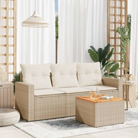 Ensemble de Salon Jardin Modulable 4 Places avec Coussins Résine Tressée Beige Table Acacia (1/5)