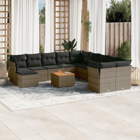 Salon de Jardin Modulaire en Résine Tressée, Table Acacia, 10 Sièges + Coussins Gris (12 Pièces) (1/3)