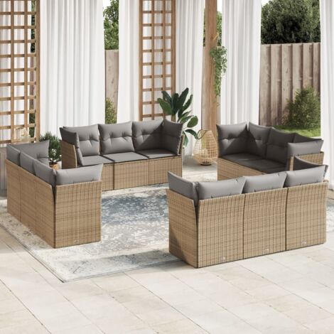 Ensemble Salon de Jardin 12 Places avec Coussins Gris Clair en Résine Tressée Beige - Modulaire et Confortable (1/3)