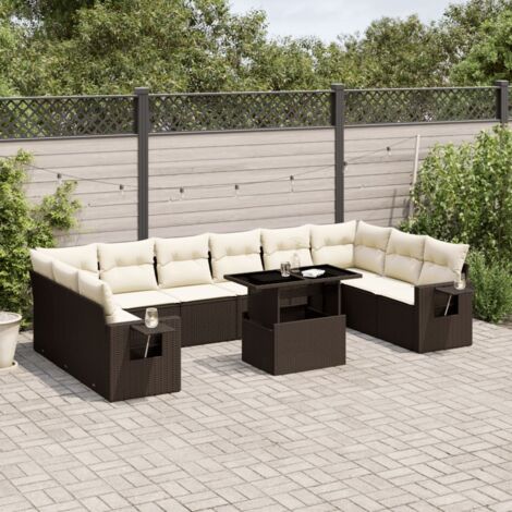 Salon de Jardin 11 Places en Résine Tressée Marron avec Table Réglable, Coussins Crème et Accoudoirs à Tablettes (1/5)