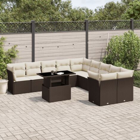 Salon de jardin en résine tressée marron, 10 places avec coussins assortis et table extensible - Ensemble modulaire 11 pièces (1/5)