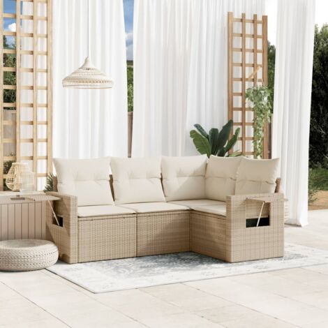 Ensemble salon jardin 4 places en résine tressée beige avec coussins, rangement intégré et table d'appoint (1/3)