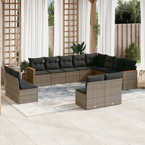 Ensemble de salon de jardin modulaire, 12 places, gris, résine tressée, sièges avec rangement et coussins amovibles (1/5)