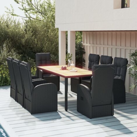 Ensemble à manger de jardin 9 places en résine tressée noir - 8 chaises inclinables avec coussins et table 190x90 cm (1/5)