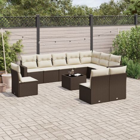 Salon de Jardin Modulaire en Résine Tressée Marron 11 Pièces avec Table en Verre Trempé et Coussins Lavables (1/3)