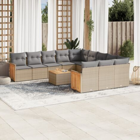 Salon de Jardin 12 Places en Résine Tressée Beige avec Table en Acacia et Coussins Gris, Conception Modulaire avec Rangement Intégré (1/3)