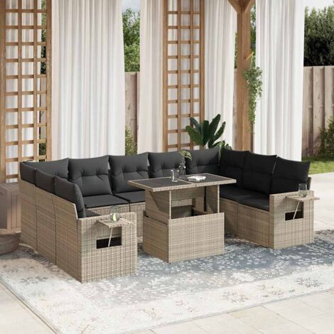Ensemble Salon de Jardin Modulaire 9 Places, Gris Clair, Résine Tressée Polyrotin, Table à Hauteur Réglable et Coussins Anthracite (1/5)