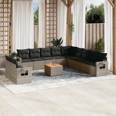 Canapé d'Extérieur Modulaire en Résine Tressée Gris avec 12 Coussins, Table Acacia et Tablette (1/5)