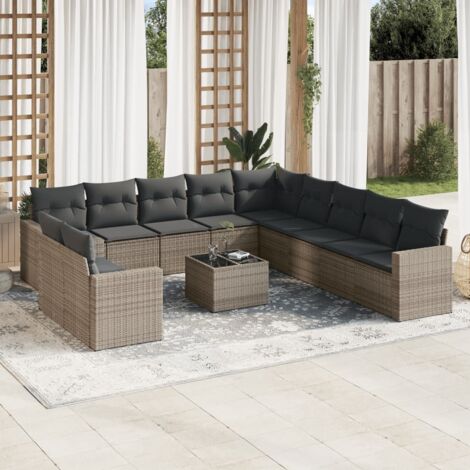 Ensemble de salon de jardin 12 places en résine tressée gris avec coussins et table en verre (1/3)