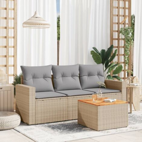Ensemble Salon Jardin 4 Places en Résine Tressée Beige, Table Acacia, avec Coussins Gris Lavables, Modulable (1/3)