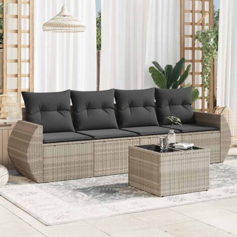 Salon de jardin 5 pièces en résine tressée gris clair avec coussins, table en verre et rangements intégrés (1/3)