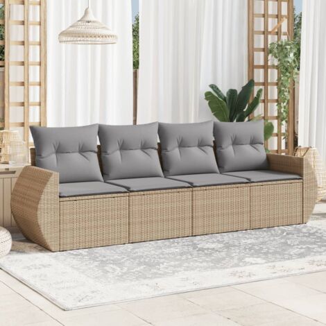 Canapé d'extérieur modulaire 4 places en résine tressée beige avec coussins gris lavables, 2 sièges + 2 fauteuils, acier enduit de poudre (1/3)