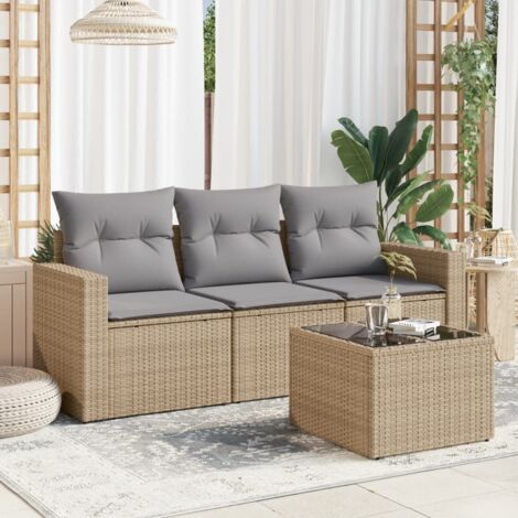 Ensemble Salon de Jardin 4 Places Beige en Résine Tressée avec Table en Verre Trempé et Coussins Amovibles (1/4)