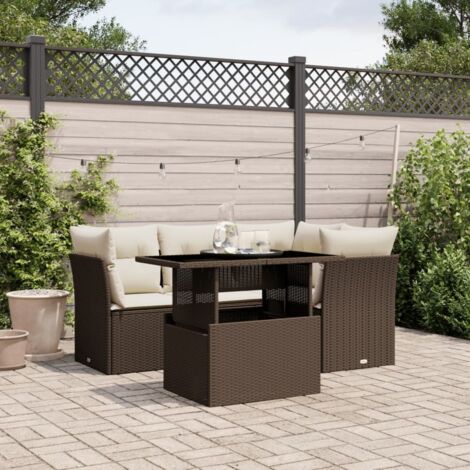 Salon de jardin 5 pièces en résine tressée marron avec table réglable et coussins blancs lavables – Banc modulaire extérieur (1/5)