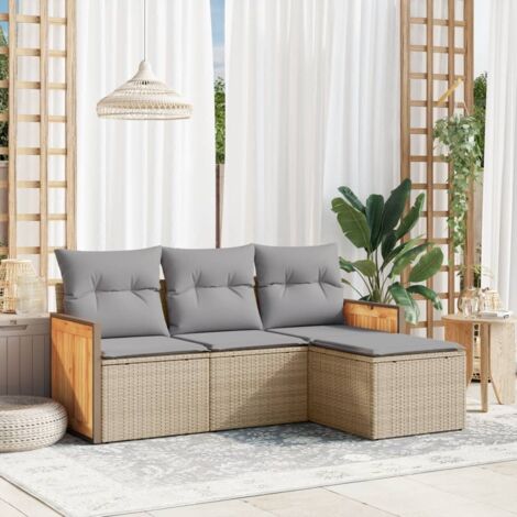 Set de Salon de Jardin Modulaire 4 Places en Résine Tressée Beige avec Coussins Gris, Rangement, Sur Pieds Réglables (1/3)