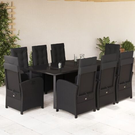 Ensemble de Jardin 9 Pièces en Résine Tressée Noir - Table en Verre Trempé 200x100 cm avec 8 Fauteuils Inclinables et Coussins Lavables (1/5)