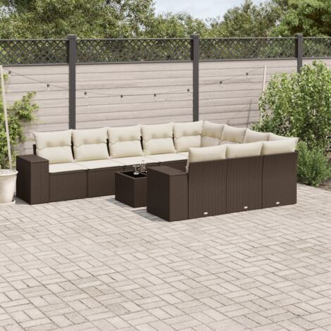 Ensemble de Jardin Salon Modulaire 11 Pièces en Résine Tressée Marron avec Coussins Blanc Crème (1/3)