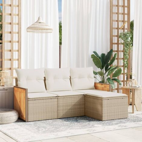 Canapé de Jardin 4 Places en Résine Tressée Beige avec Coussins et Fonction Rangement (1/3)