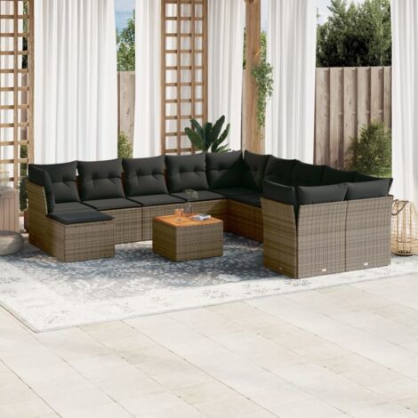 Ensemble Salon de Jardin Modulaire 12 Places Gris en Résine Tressée avec 12 Coussins - Tabouret et Table (1/5)