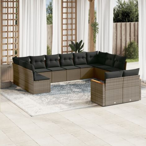 Ensemble salon jardin 12 places gris résine tressée, coussins amovibles lavables, cadre acier, modulaire (1/5)