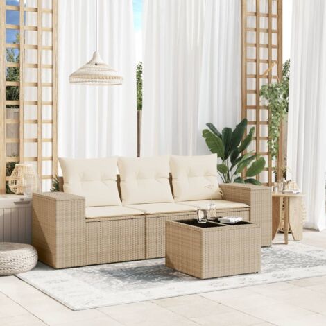 Ensemble salon de jardin en résine tressée beige avec table verre et coussins lavables 4 places (1/3)